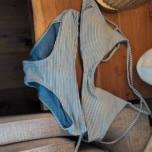 Blue and White Striped Bikini with Adjustable Straps